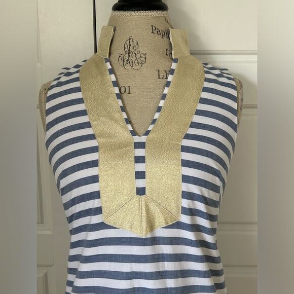 Eliza J Striped Mandarin Collar Sleeveless Shift Dress in Blue White coastal s 2 - Picture 3 of 9